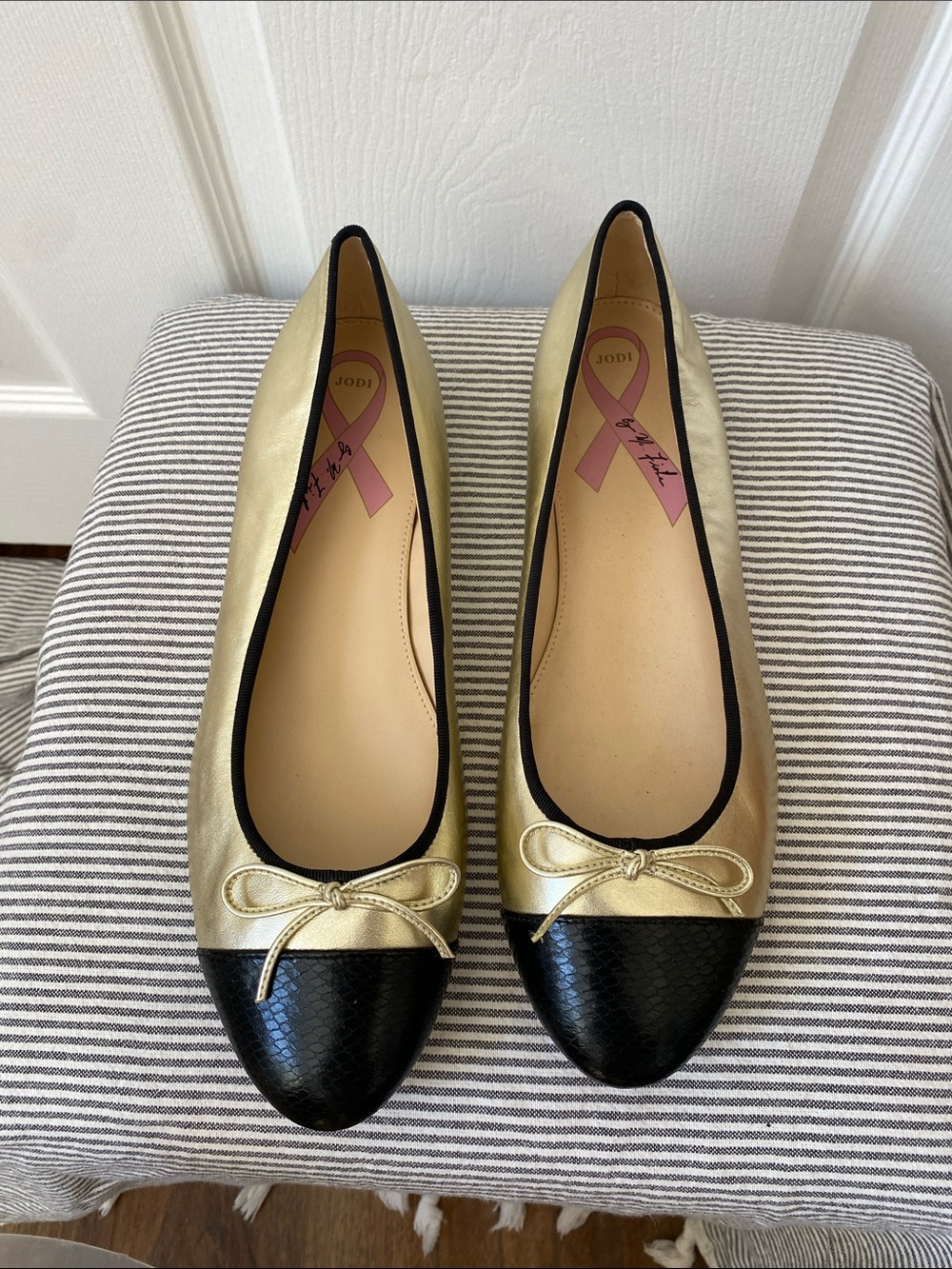 Marc Fisher Metallic Gold Ballet Flats with Black Cap Toe